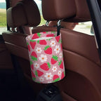 Car Garbage Bag Pink Strawberry and Floral Mini Car Trash Bin Portable Collapsible Waterproof Rubbish Bag for Car Accessories Back Front Seat Cup Holder
