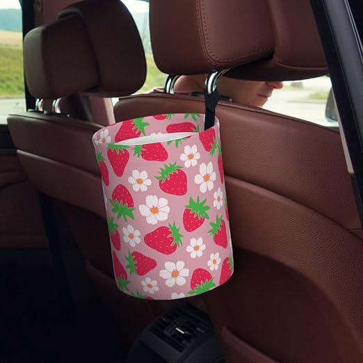Car Garbage Bag Pink Strawberry and Floral Mini Car Trash Bin Portable Collapsible Waterproof Rubbish Bag for Car Accessories Back Front Seat Cup Holder