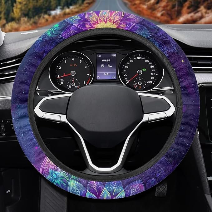 Automotive Steering Wheel Covers Universal Fit 14 to 15 inch, Purple Bohemian Flower Steering Wheel Protector with Cloth for Women Keep Warm Comfort Grip Sweat Absorption Neoprene
