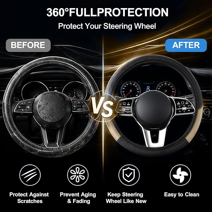 Car Steering Wheel Cover, 15 inch Carbon Fiber Microfiber Anti-Slip Breathable PU Leather Elastic Steering Wheel Protector, Car Interior Accessories for Most Cars (AD-Beige)