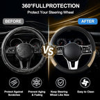 Car Steering Wheel Cover, 15 inch Carbon Fiber Microfiber Anti-Slip Breathable PU Leather Elastic Steering Wheel Protector, Car Interior Accessories for Most Cars (AD-Beige)