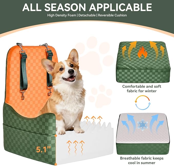 Dog Car Seat for Small/Medium Dogs Up to 35 lbs – Patented Safety System, 5" Memory Foam Pet Car Seat, Fully Detachable and Washable Cover, Front/Back Seat Travel Booster (Green & Orange)
