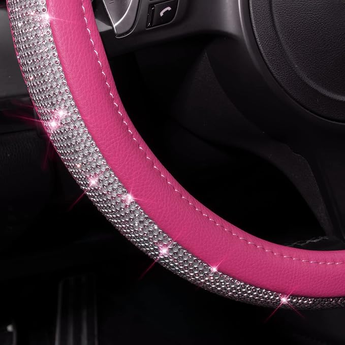 Diamond Pink Leather Steering Wheel Cover, with Bling Crystal Rhinestones Universal Fit 14" 1/2-15" Crystal Glitter for Women Sparkle Girl Fit Suvs,Vans,Sedans,Cars,Trucks, Pink Diamond