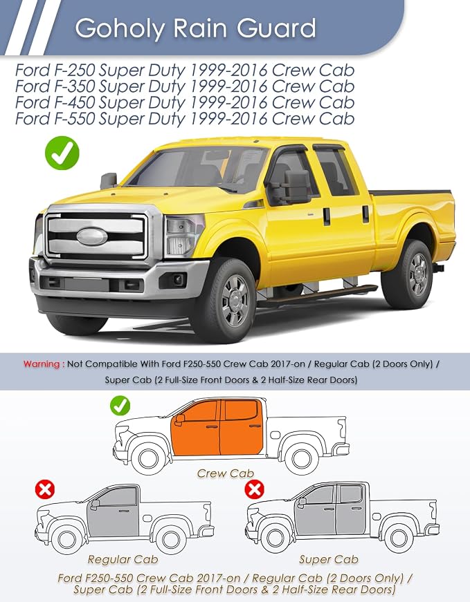 Extra-Thick Window Rain Guard for Ford F250/F350/F450/F550 1999-2016 Super Duty SuperCrew Rain Guards Side Truck Window Visors Tape-on Vent Visor Window Deflectors Vent Shades