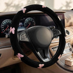 Pink Embroidery Butterfly Steering Wheel Cover, Nappa Leather Material, Universal 14.5-15 Inch Leather Anti-Slip Breathable Auto Steering Wheel Covers for Men Women