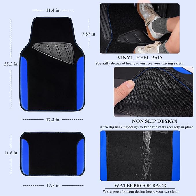 Faux Leather Steering Wheel Cover and Waterproof Car Floor Mats,Universal Car Combo Fit for 95% Sedan,SUV,Cars,14.5-15inch Sporty Anti-Slip Safety Comfortable Design(Black＆Bule)