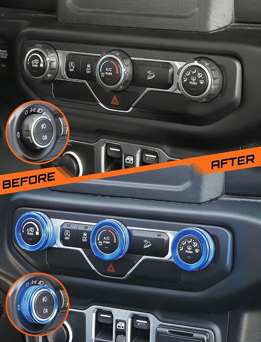 HVAC Climate Control Panel Knob Trim Kits & Light Control Switch Cover, Air Conditioner Knob Aluminum Alloy Ring for 2018-2024 Jeep Wrangler JL JLU & Gladiator JT, Interior Accessories, Blue