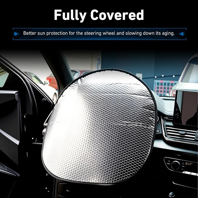 Steering Wheel Sun Shade Cover, Aluminum Foil Heat Resistant Steering Wheel Cover, 18" Slip-on Steering Wheel Sun Protector, Fit for Most Car SUV Van (Silver)
