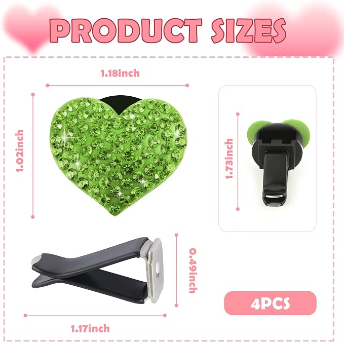 4PCS Heart-Shaped Car Vent Clips with Rhinestone,Bling Air Vent Clips Car Decorations,Premium Shiny Car Clips for Vents Accessories Interior (Green)