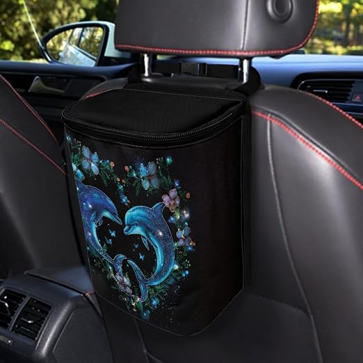 Dolphin Flower Heart Print Car Trash Can with Lid, Leak Proof Auto Trash Bag Hanging Vehicle Garbage Can Multipurpose Storage Container for Back Seat Road Trip