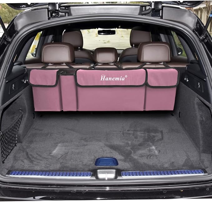 Car Trunk Organizer, Backseat Hanging Storage with 4 Large Pockets, Collapsible Cargo Bag with Adjustable Straps Frees Trunk Floor, Sturdy Space Saving Expert for SUV, Truck, Van (Pink)