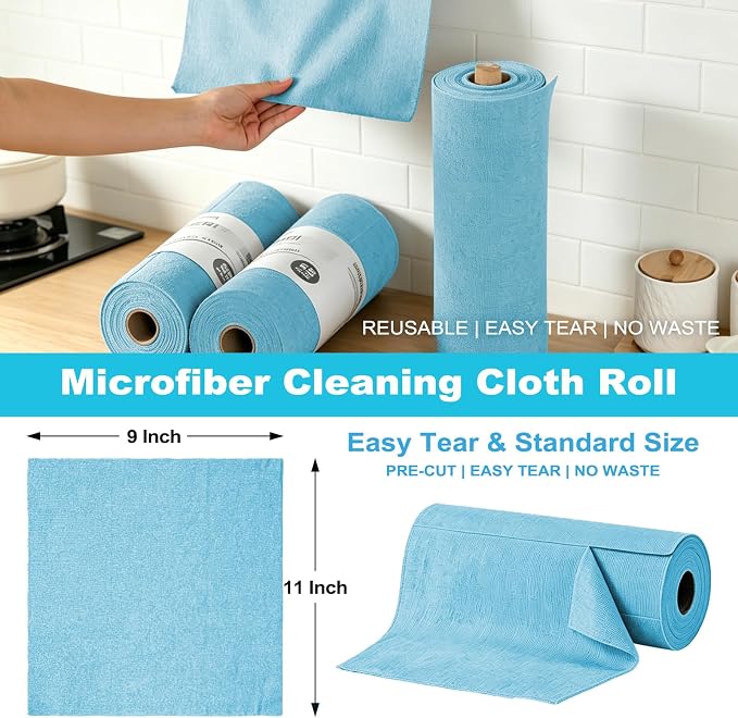 55 Pack Microfiber Cleaning Cloth Roll, Tear Away Reusable Paper Towels, 11" X 9", Ultra Absorbent & Lint Free Microfiber Cloth for Cleaning Cars, Kitchen, Window, Home and Shop, Blue