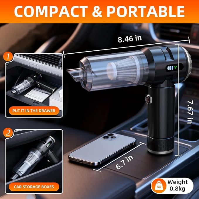 Handheld Vacuum Cleaner Cordless, 23000Pa Powerful Car Mini Vacuum Cleaner, Rechargeable Portable Lightweight dust Catcher for Home Car Carpet Stairs Pet Hair Deep Cleaning（Black-Silvery）