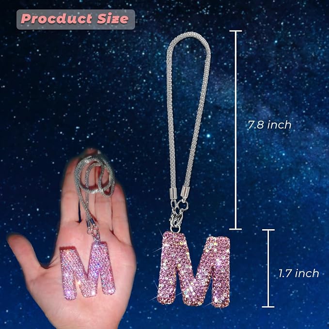 Bling Pink Car Accessories for Women Letter Charm, Rainbow Color Rear View Mirror Cute Crystal Pendant Car Decorations, Lucky Gifts Girly Diamond Rhinestone Charm Letter M