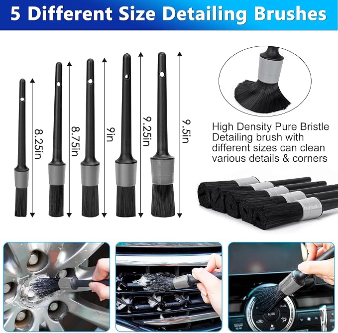 Car Wash Kit, 62'' Car Washing Brush with Long Handle, Extendable Car Wash Brush Mop with 2-in-1 Windshield Squeegee and 9Pcs Detailing Brushes, Gray Car Detailing Kit Gift for Men