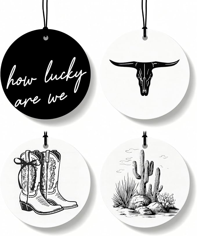 Western Round Car Air Freshener 4 Pcs, Preppy Cow Skull Cactus Cowgirls Boots Hanging Air Freshener for Cars Closet Drawer Books, Black and White Western Car Accessories Mirror Decor for Women