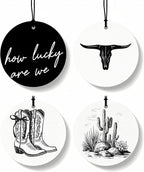 Western Round Car Air Freshener 4 Pcs, Preppy Cow Skull Cactus Cowgirls Boots Hanging Air Freshener for Cars Closet Drawer Books, Black and White Western Car Accessories Mirror Decor for Women