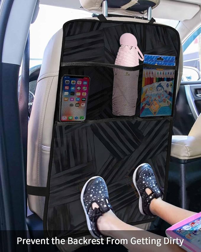 Modern Line Car Seat Protector, 2 Pack Kick Mats with Organizer - 3 Pocket Storage Abstract Farmhouse Black Brushstroke Blocks Waterproof Back Seat Cover Universal Fit Automotive Interior Protectors