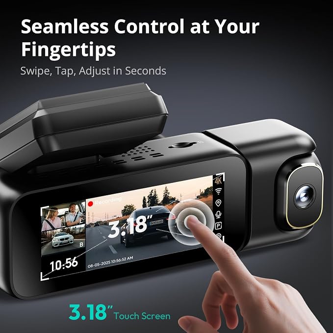 4K 3 Channel Dash Cam Front and Rear/Inside, 360°Dash Camera with 3.18" Touch Screen, Night Vision Dashcam, Voice Control, 24/7 Parking Mode Car Camera, Free 128GB Card 5.8GHz WiFi & GPS