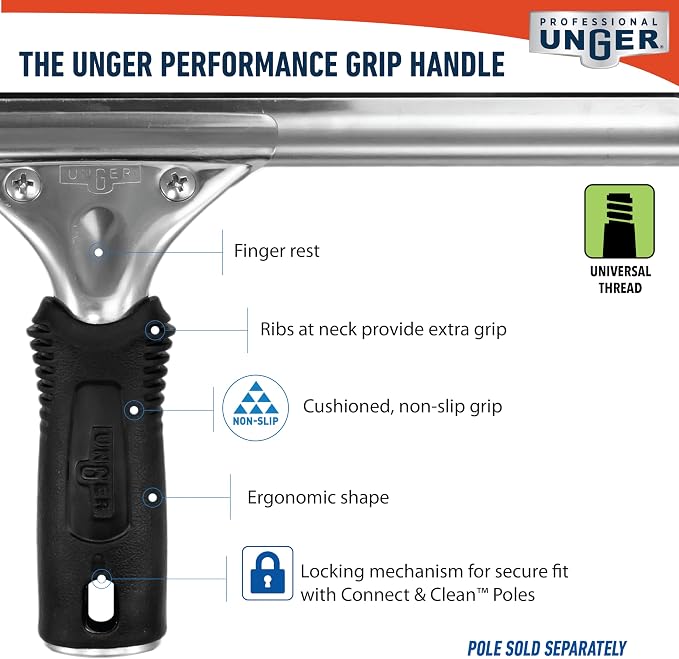 Professional Connect and Clean 12” Performance Squeegee for Glass and Window Care with Replacement Rubber, Heavy Duty Cleaning Supplies with Streak-Free Results, Handheld Household Cleaner Tool
