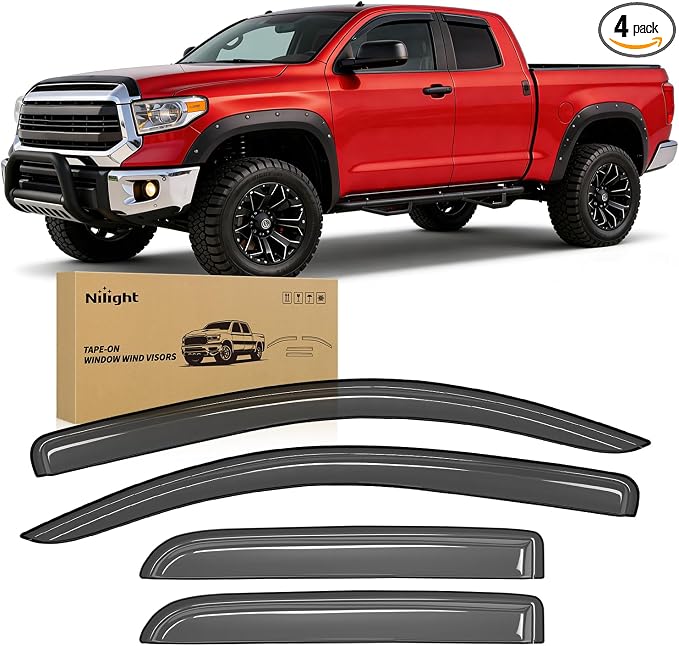 Tape-On Window Visors for Toyota Tundra Double Cab/Extended Cab 2007-2014 2015 2016 2017 2018 2019 2020 2021, Outside Mount Rain Guards Vent Visors Window Deflectors, Smoke Tint, 4PCS