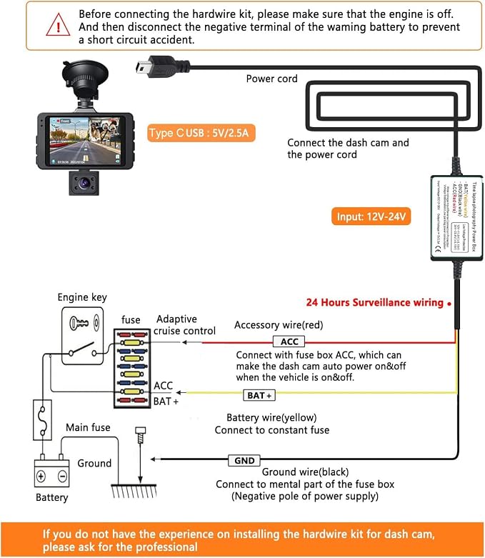 Dash Cam Hardwire Kit, Car Dash Camera Mini Charger Hard Wire Kit for Dashcam DC 12-24V to 5V/2.5A Low Voltage Protection 24h Parking Surveillance with Fuse Tap