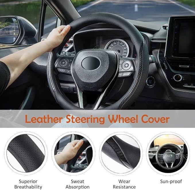 Black Steering Wheel Cover with Coasters Leather Universal 15 inch | Carbon Fiber Car Steering Wheel Covers Microfiber Breathable Anti-Slip Steering Wheel Accessories Set