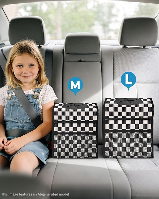 Corduroy Car Trash Can with Lid and Mesh Pockets - Leakproof Organizer,Multipurpose Waterproof Garbage Can/Trash Bin for Car(Black and White Check-3 Gallons)