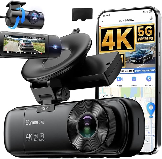 4K 3 Channel Dash Cam, Dash Cam Front and Rear C3, Free 64GB Card, 4K+1080P+1080P Dashcam, G-Sensor, WDR, APP, 5G WiFi, Night Vision, 24H Parking Monitor