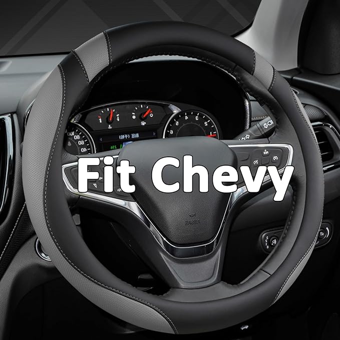 Customized Auto Car Steering Wheel Cover for Chevy Silverado,Tahoe,Equinox,Traverse,Trailblazer,Colorado(Black+Gray - Standard Size)