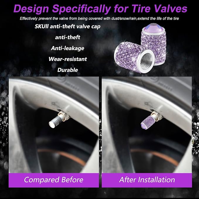 Car Wheel Tire Valve Caps, 4 PCS Bling Tire Valve Caps, Crystal Tire Caps Shinny Rhinestone for Women, Universal Car Dustproof Tire Valve Caps for Cars, Trucks, SUV and Motorcycles (Purple)