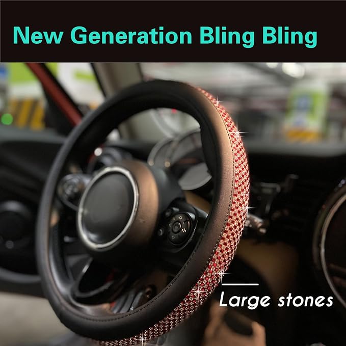 Large Size Bling Comfy Steering Wheel Cover with Jumbo Crystal Rhinestones, Anti-Slip Diamond Leather, 15.5-15.75 Inch (Red)