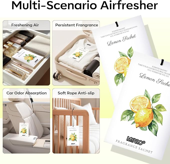 12 Packs Lemon Scented Sachets for Drawer Closet Bathroom Odor Eliminator - Fresh Home Fragrance Car Air Frehener
