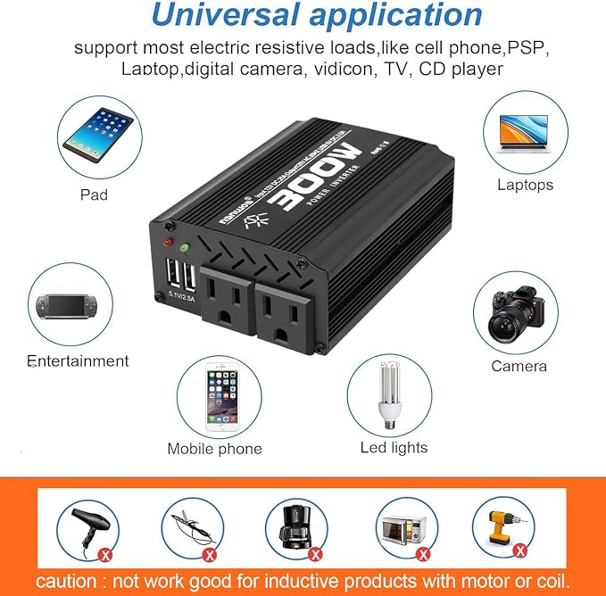 300 Watt Power Inverter dc to ac 12V to 110V Converter Charger for car RV Camping Vehicle Small Power Inverter for car Cigarette Lighter Truck inverter-300W