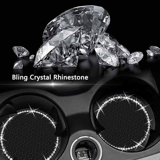 2PCS Bling Car Cup Coaster, 2.75 Inch Auto Cup Holder Insert Coasters Silicone Anti-Slip Crystal Rhinestone Drink Mat, Universal Vehicle Interior Accessories for Women Girls (Black)