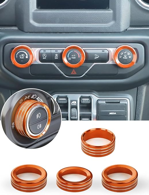 HVAC Climate Control Panel Knob Trim Kit & Light Control Switch Cover, Air Conditioner Knob Aluminum Alloy Ring for 2018-2024 Jeep Wrangler JL JLU & Gladiator JT, Interior Accessories Orange