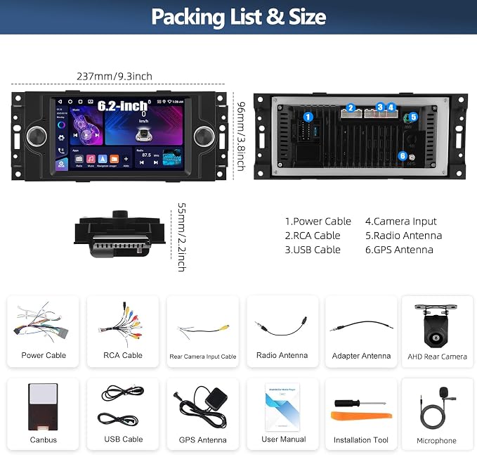 4G+64G Car Radio for Dodge Ram 1500 2500 3500 2006 2007 2008 with Wireless CarPlay Android Auto, 6.2 inch HD Touch Screen Car Stereo with Bluetooth 5.0 32EQ GPS WiFi FM Backup Camera