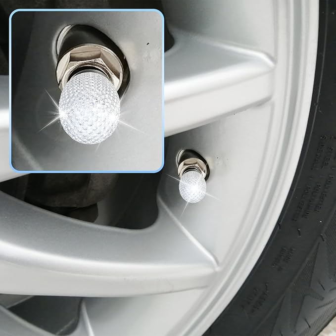 4Pcs Car Tire Valve Stem Caps, Bling Tire Air Cap for Car, Car Accessories for Women Universal Stem Covers, Plastic Liner Corrosion Resistant Tires Valve Cap with O Rubber Ring,Crystal Diamond