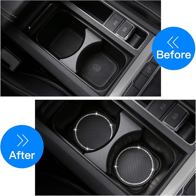 2 Pack Bling Car Cup Holder Insert Coasters, 2.75 Inch Soft Crystal Rhinestone Rubber Pad Set Round Auto Drink Coaster Car Interior Accessories (Black)
