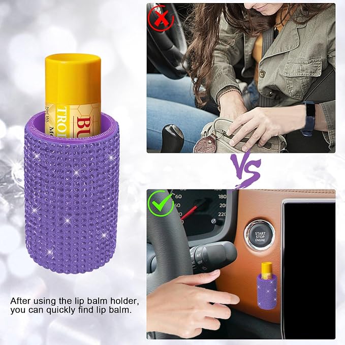 Upright Car Chapstick Holder, Bling Insulating Lip Balm Holder,Rhinestone Car Accessories for Women Interior,Suitable for Most Vehicles. (Purple)