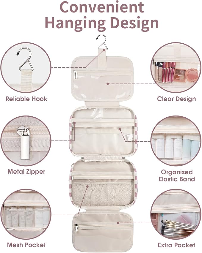 Travel Toiletry Bag for Women Large Hanging Makeup Bag Organizer Toiletries Bag for Full Size Essentials Accessories Cosmetics (Dusty Pink Checkerboard (Large))