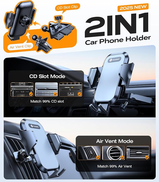 Military-Grade Sturdy Car Phone Holder Mount, Upgraded Anti Shake Metal CD Slot & Air Vent Thick Case Friendly Phone Mount for Car Fit for iPhone 17 16 15 Samsung All Phones