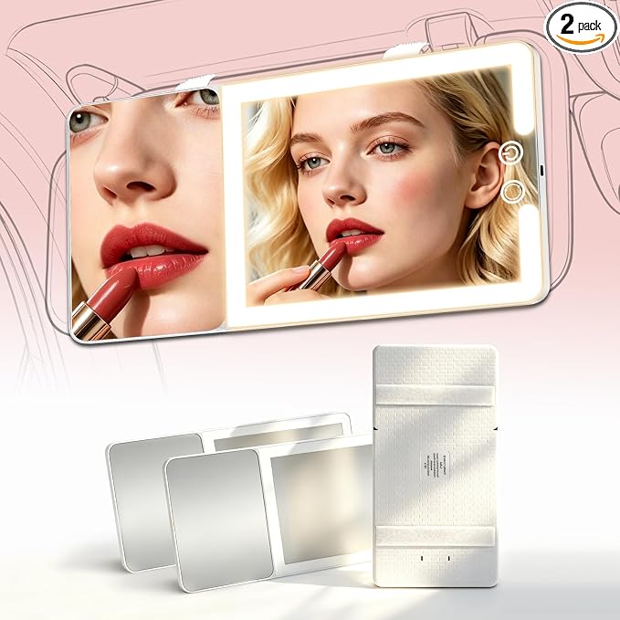 2pcs Car Visor Mirror with Lights & 20X Magnification, LED Lighted Vanity Makeup Mirror for Women, Universal Fit for Car SUV Truck, Easy to Install, Rechargeable 3 Color Modes & Adjustable Brightness
