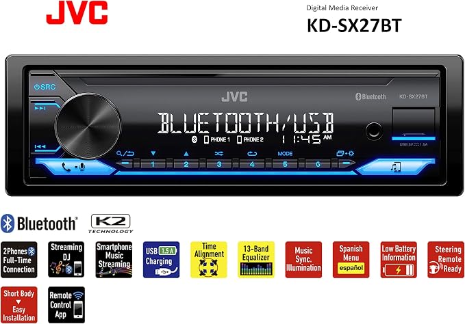 KD-SX27BT Car Stereo with Bluetooth, 100W Digital Media Receiver, 1.5A USB, Single DIN Head Unit with AM/FM Radio & AUX-in, iOS/Android Remote App, 13-Band EQ, Dual Phone Connection
