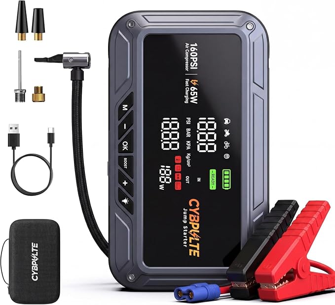 Jump Starter with Air Compressor, 8000A 160 PSI, 65W USB-C Fast Charging, Portable Car Battery Jumper for 12 Gas/14L Diesel, All-in-One Emergency Jump Box