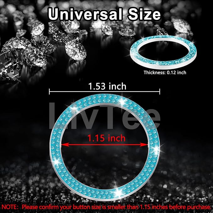 2 PCS Crystal Double Rhinestone Car Engine Start Stop Decoration Ring, Bling Car Interior Accessories for Women, Push to Start Button Cover Sticker, Automotive Decals, Cyan