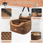 Dog Car Seat - Memory Foam Dog Booster Seat for Small Dogs Up to 25lbs-Elevated Pet Car Seat with Storage Pockets and Dog Seat Belt-Soft Pet Travel Bed for Front & Back Seats-Removable Washable-Brown
