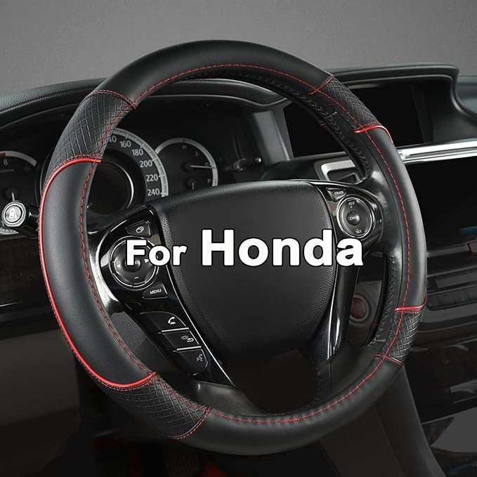 Steering Wheel Cover for Honda Civic(2006-2015),CR-Z, Insight, S2000 (Black+Red Line-Small Size)
