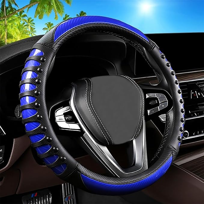 Car Leather Steering Wheel Cover - Carbon Fibre Material, Universal 14.5-15 Inch Leather Anti-Slip Breathable Auto Steering Wheel Covers for Men Women (3D Massage - Sports Blue)