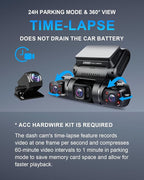 360° 4 Channel Dash Cam Front and Rear Inside Left Right, Dash Camera for Cars, Built-in GPS WiFi Night Vision, 24/7 Recording Parking Mode Monitor, 128G Card Included